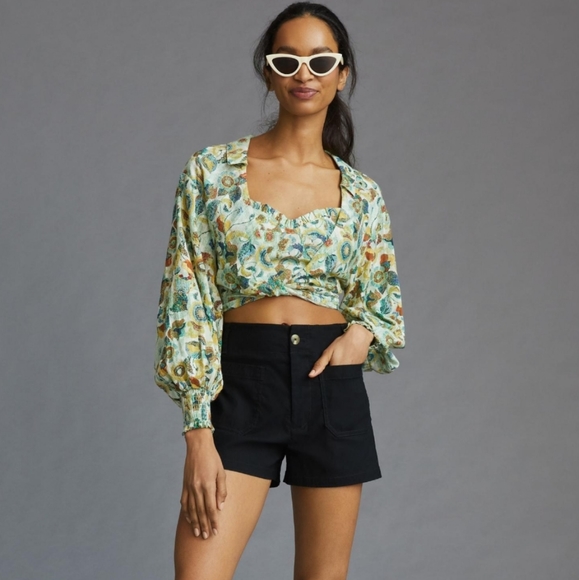 Anthroplogie Twist Crop Top Set Size Large Blue Floral - Picture 3 of 10